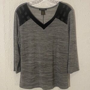 Susan Lawrence Gray Long-Sleeve V-Neck Top with Black Shoulder Trim